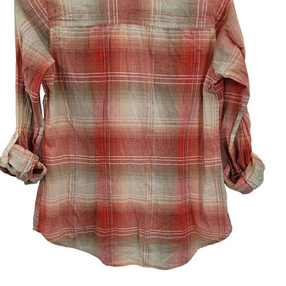 Dress Barn Lightweight Roll Tab Sleeve Blouse S Peach Coral Plaid Button India - Picture 12 of 15